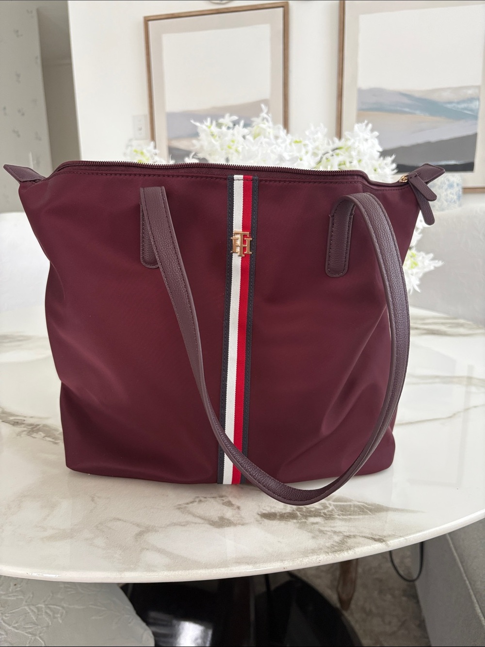 Tommy Hilfiger Maroon Nylon Tote with Signature Stripe and Gold Logo